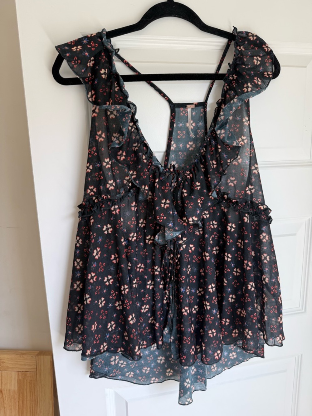 Free People Navy Floral Ruffle Camisole with Pink Print